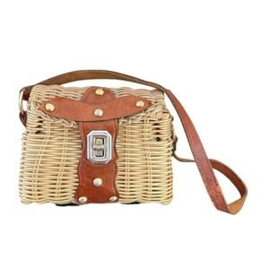 Vintage Wicker Purse Mini Summer Leather Strap Flip Top Twist Lock